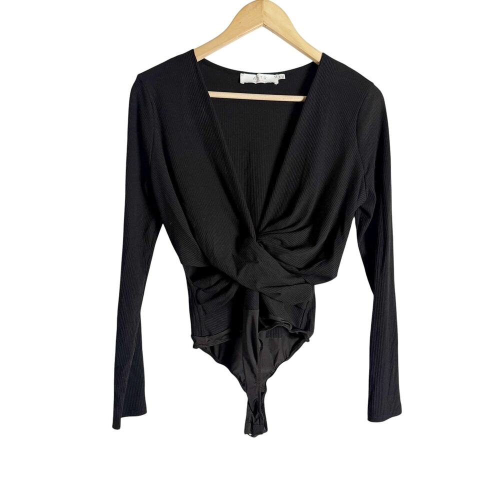 ASTR The Label Black Twist Front Faux Wrap Long Sleeve Ribbed Bodysuit Size M